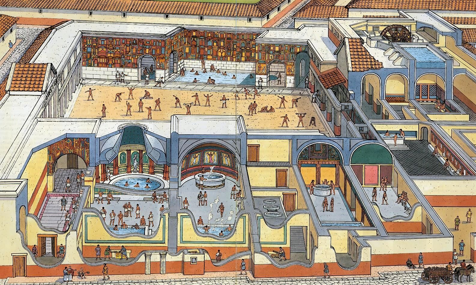 Ancient Roman bathing complex with stone columns and a thermal pool, evoking Aquae Sulis
